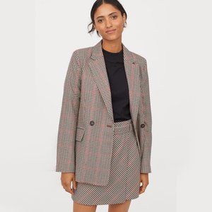 H&M Double-breasted Black w Brown & Burgundy Houndstooth Checked Blazer